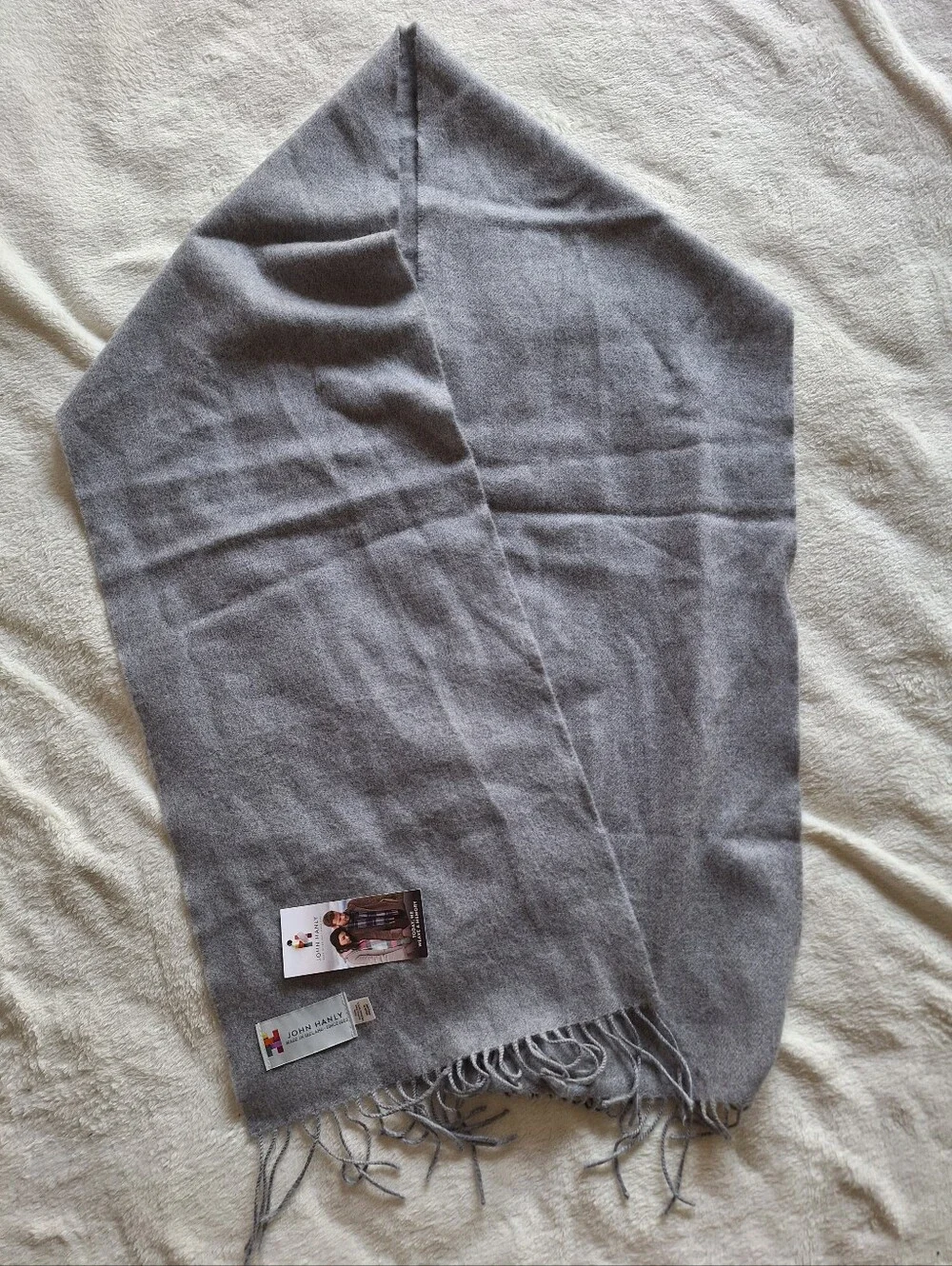 NWT John Hanly Ireland 100% Merino Wool Scarf Solid Grey 12x71 Unisex Fringe 117
